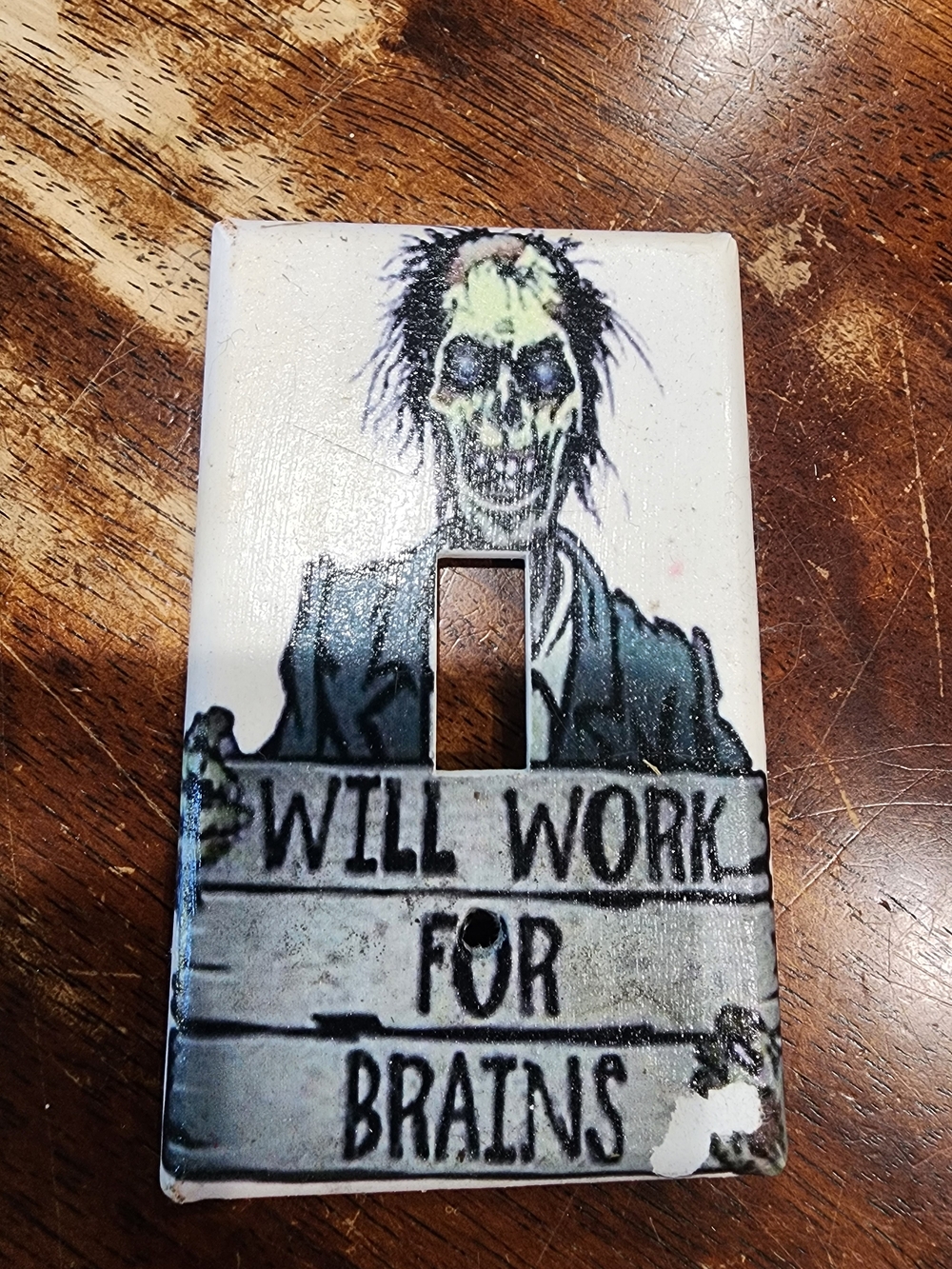 Will Work For Brains Zombie Single Toggle Light Switch Cover - White & Green